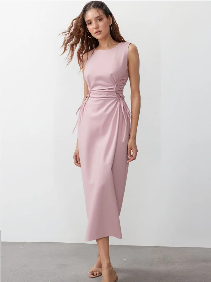 OUTZIDR Pink Elasticated Cinched Waist Dress